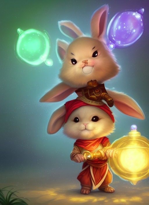 Chibi Rabbit Monk with Candy Weapon in Art Nouveau Style