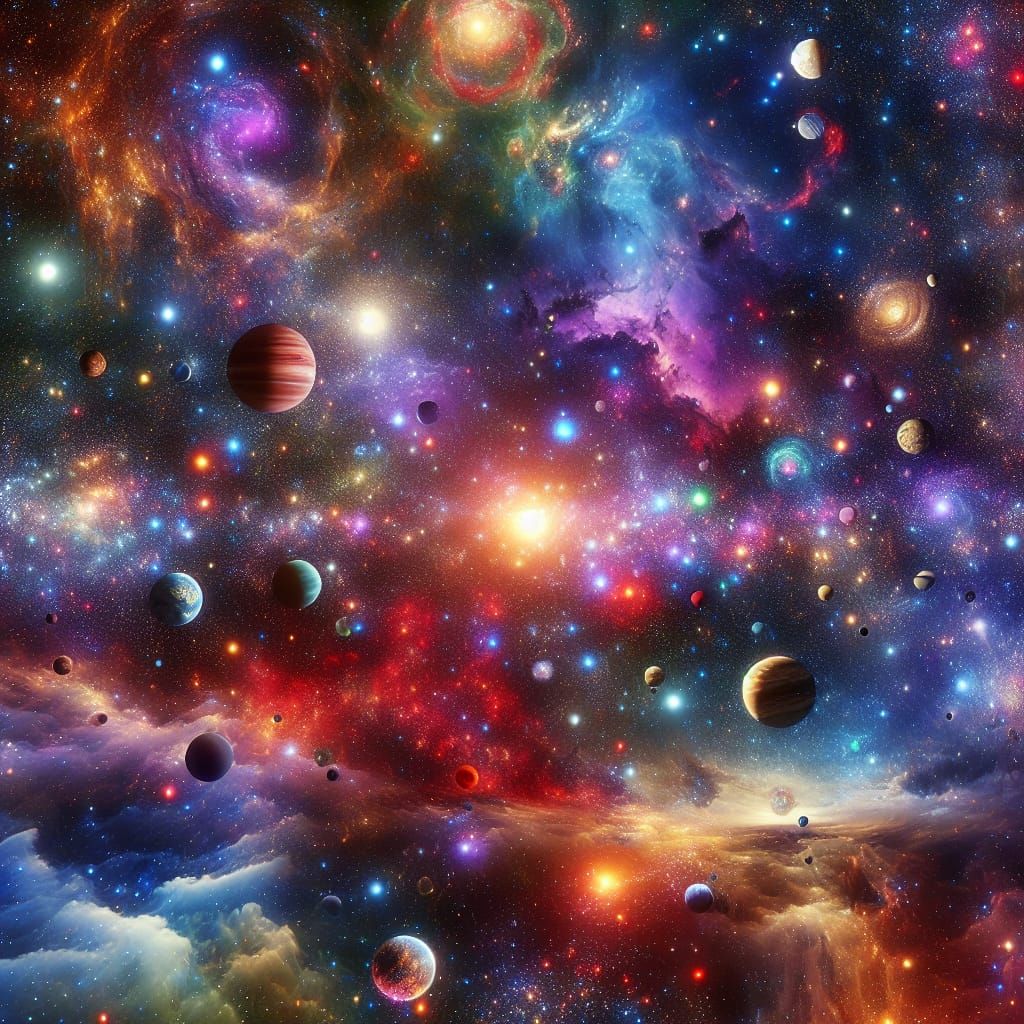 Colorful Cosmic Sky with Glittering Stars and Planets