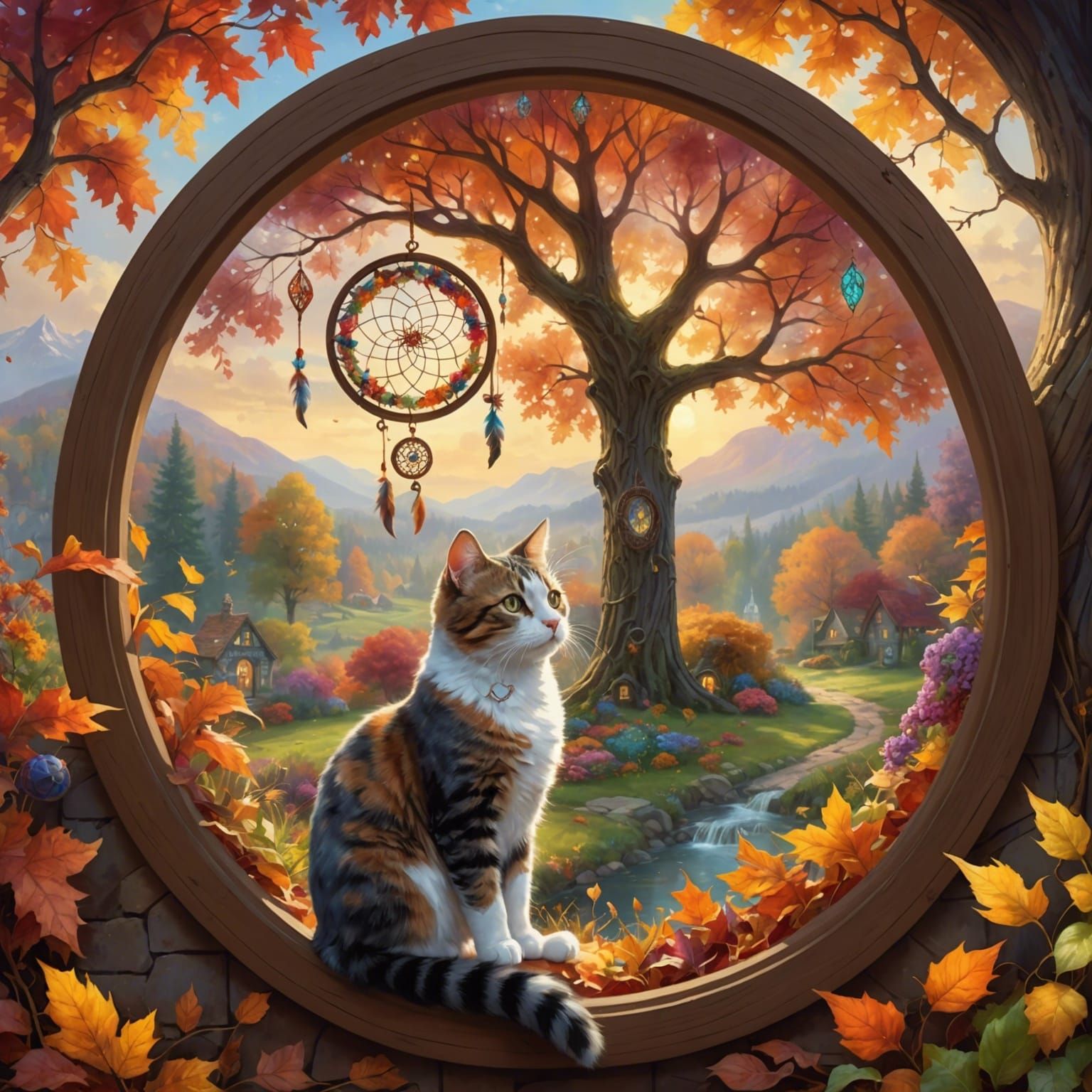 Cute Cat in Ethereal Autumn Garden Scene