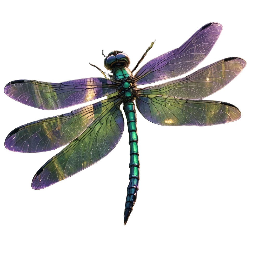 Iridescent Dragonfly on Dewy Grass, Digital Art