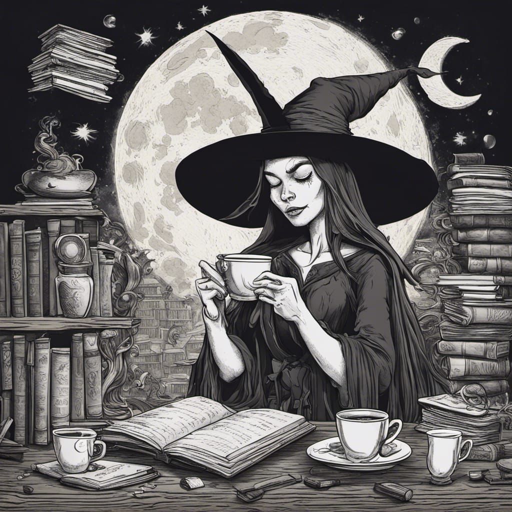 Cartoon Witch Drinks Coffee Under the Moon