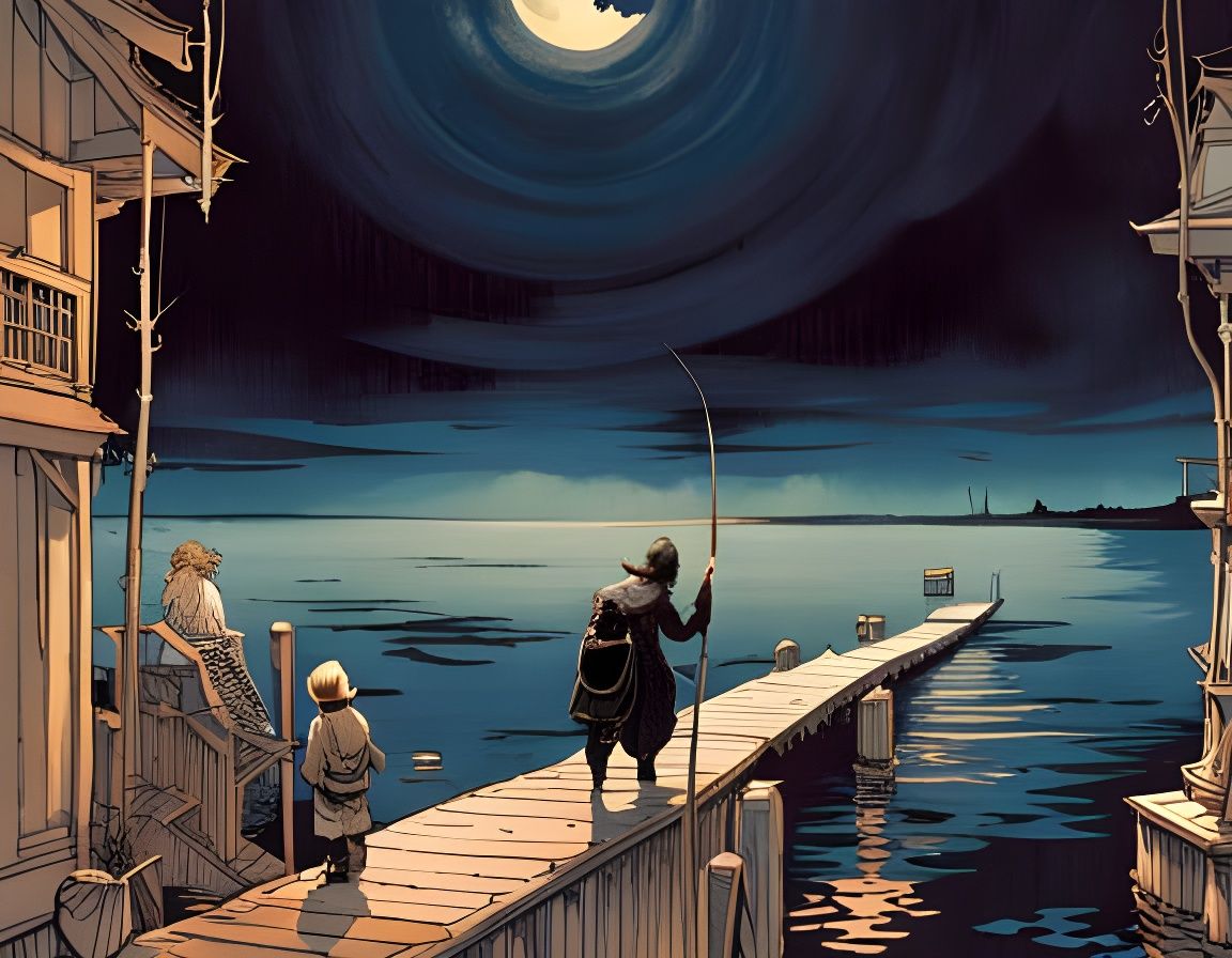 Moonlit Fishing at Pagoda: Surreal Gothic Fantasy Art