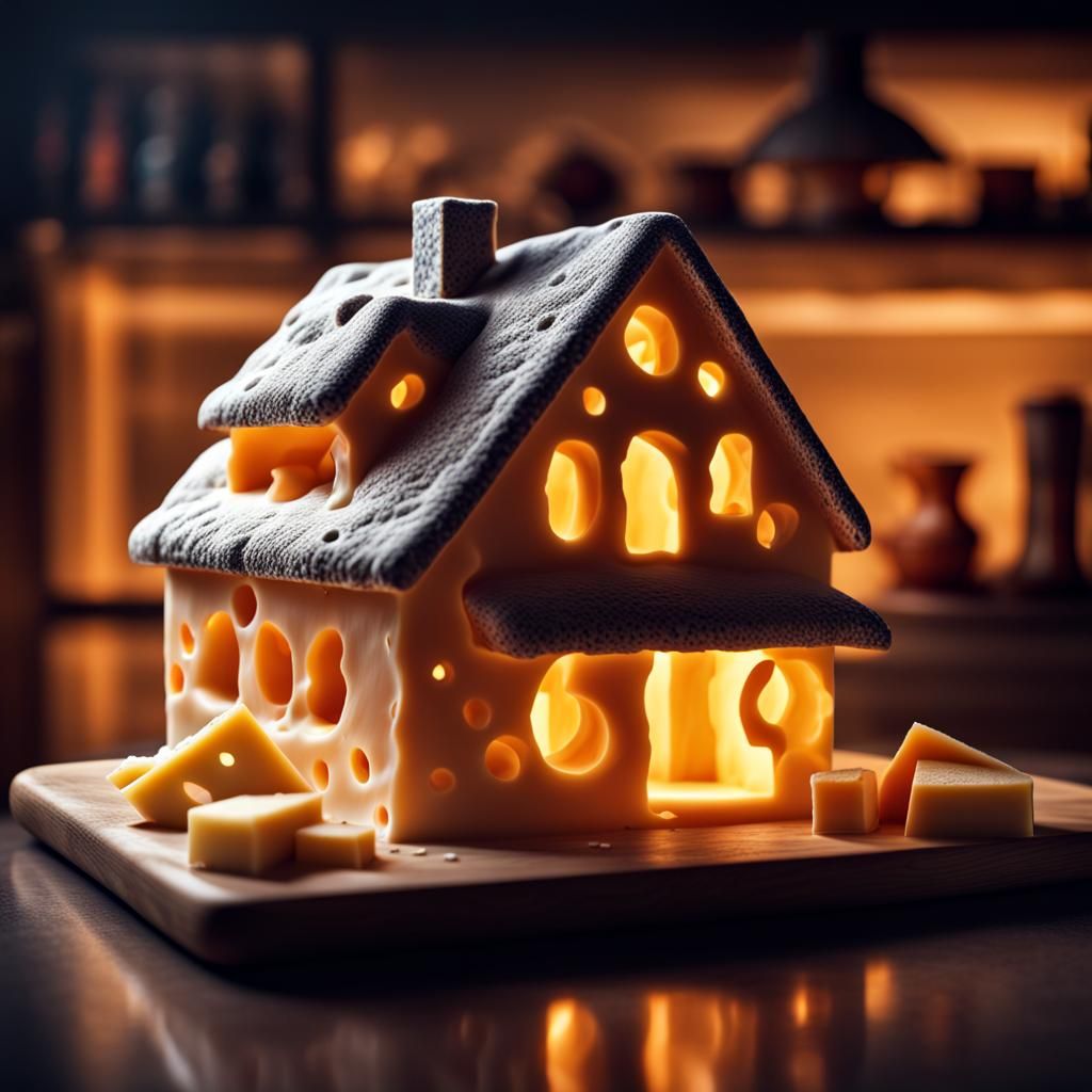 Hyperrealistic Cheese House with Neon Glare