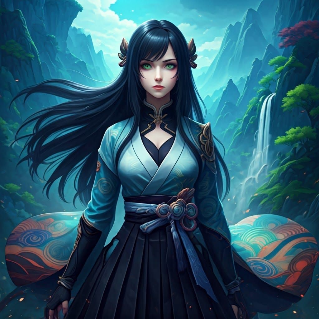 Heroic Woman in Japanese Outfit Against Mountain Backdrop