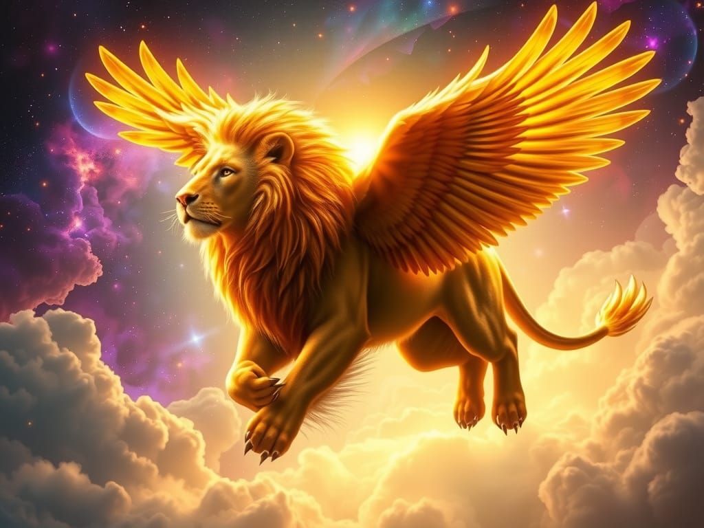 Divine Winged Lion soars through Celestial Skies