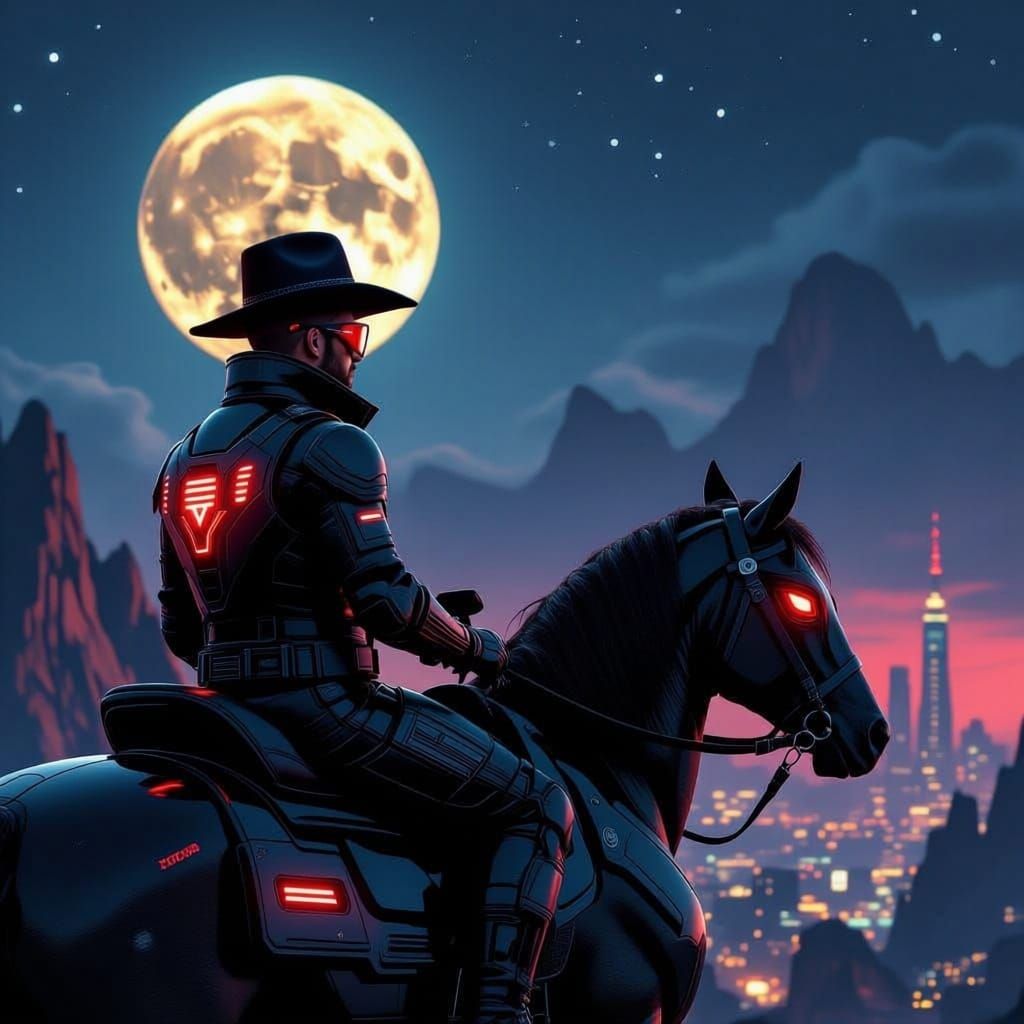 Cyberpunk Man Rides Robot Horse to Futuristic City