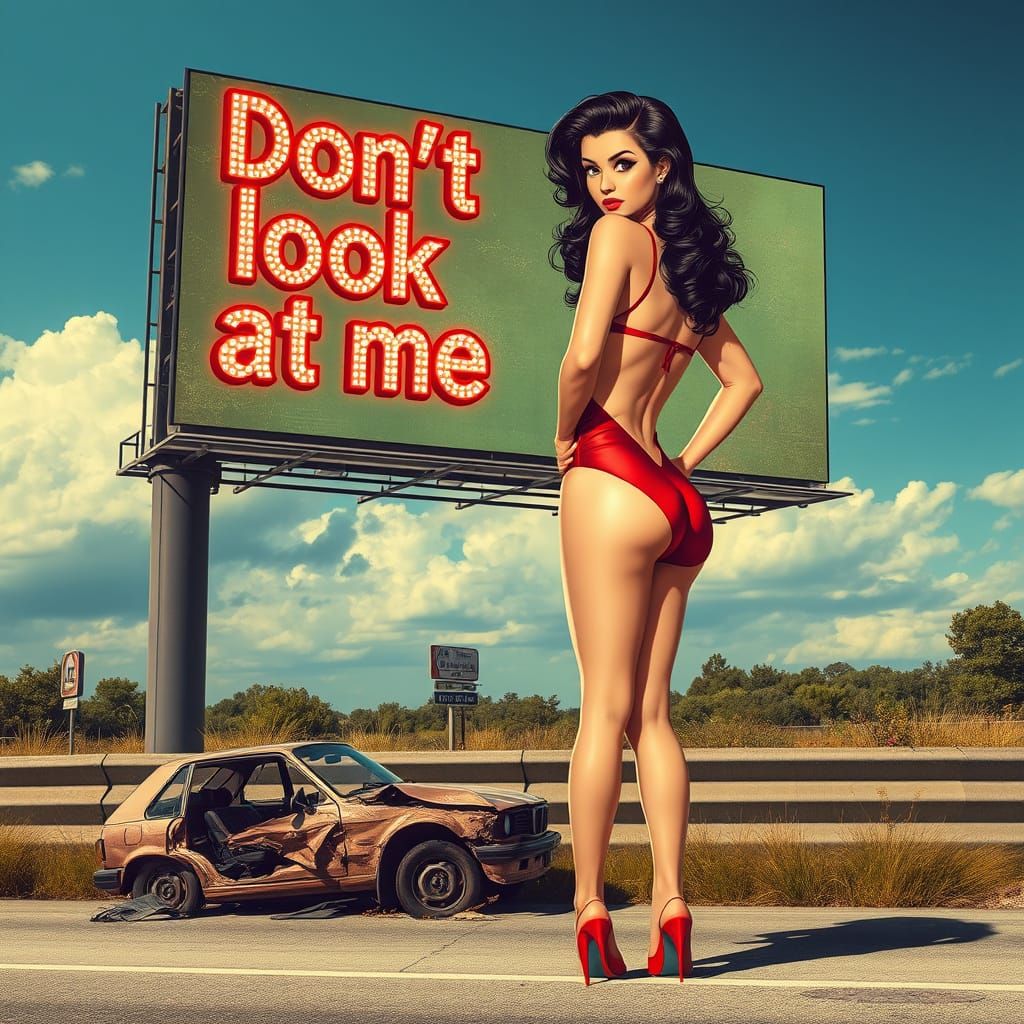 Abandoned Car and Pin-Up Model Billboard