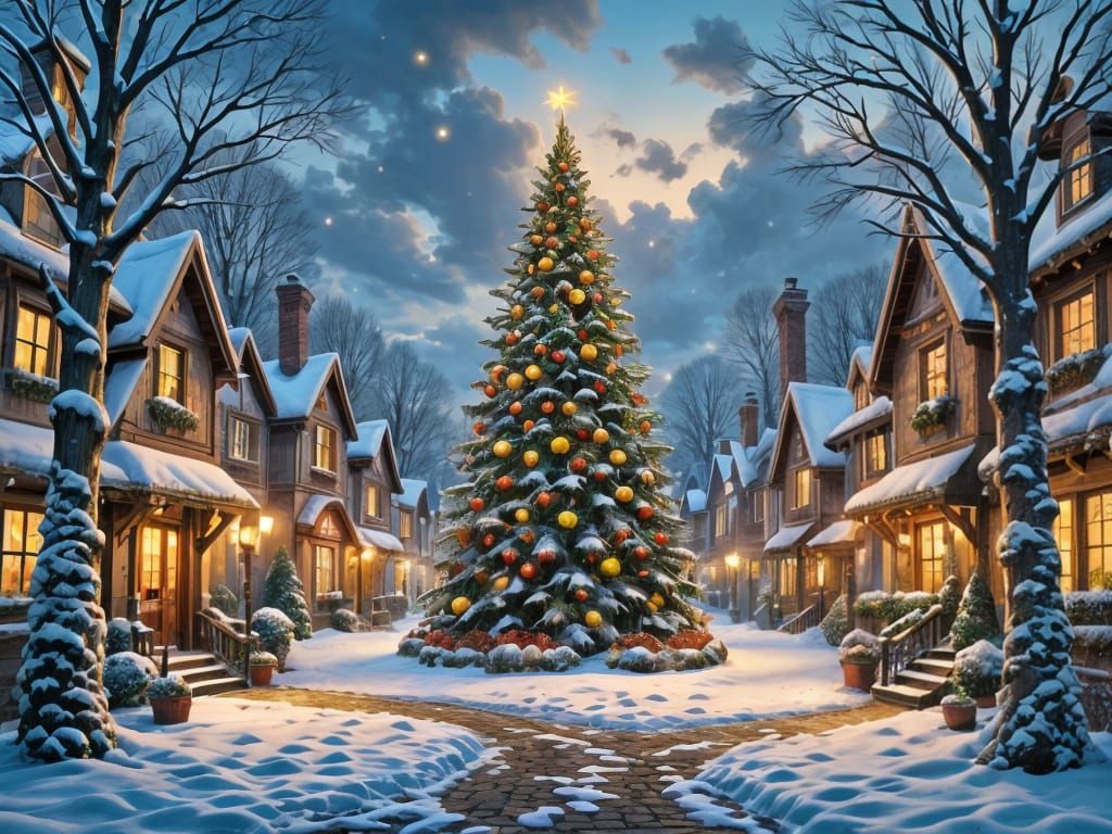 Festive Holiday Village Square With Snowfall