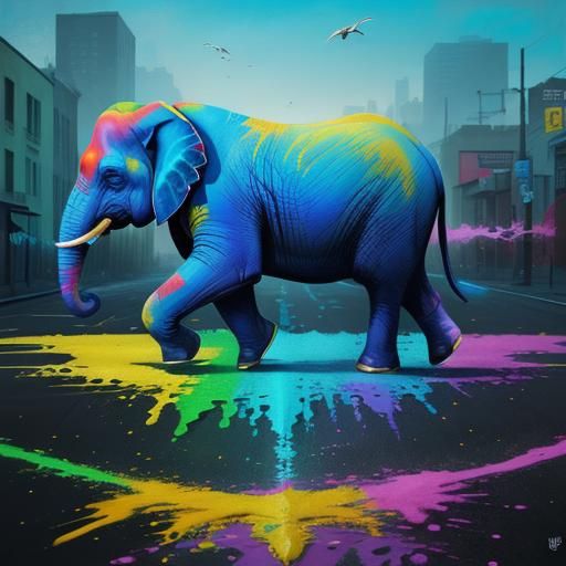 Rainbow Elephant Graffiti Art on City Street