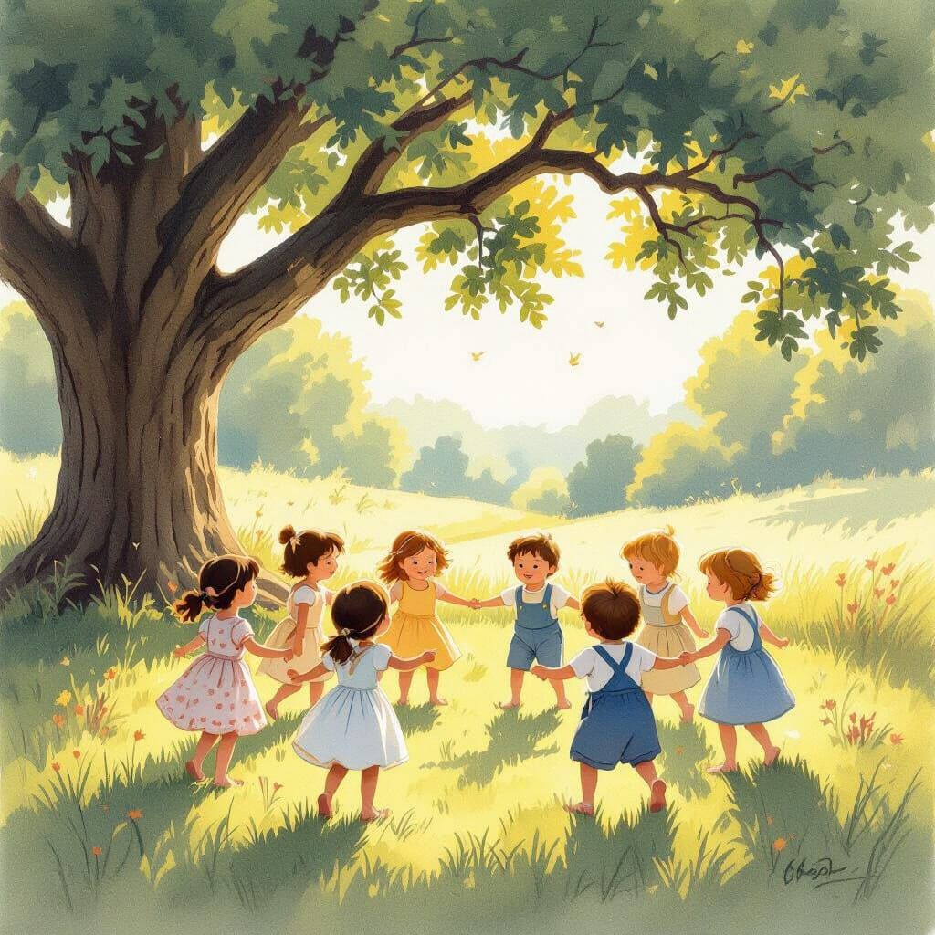 Children Playing Ring Around the Rosie in Golden Hour Sunlig...