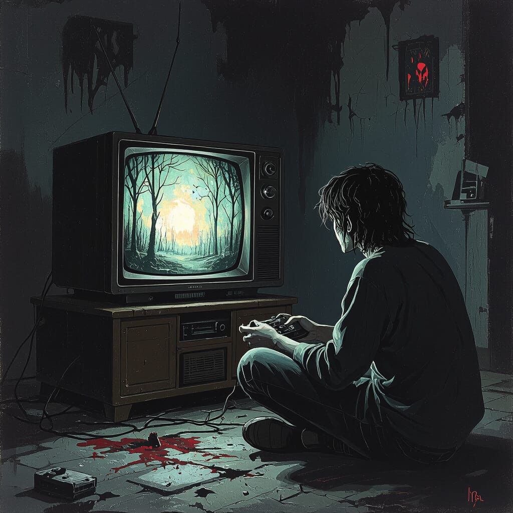 Eerie Video Game on CRT TV in Dark Fantasy Style