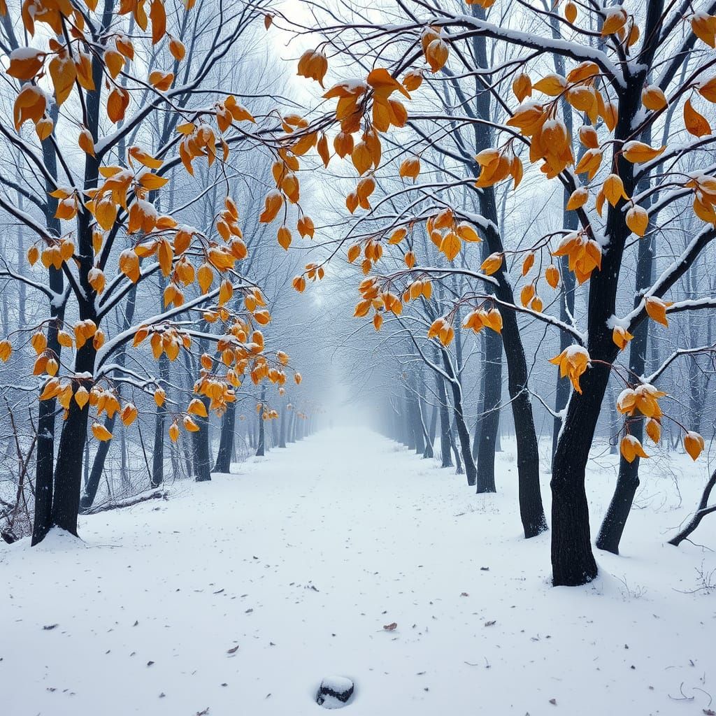 Golden Autumn Leaves in Misty Landscape
