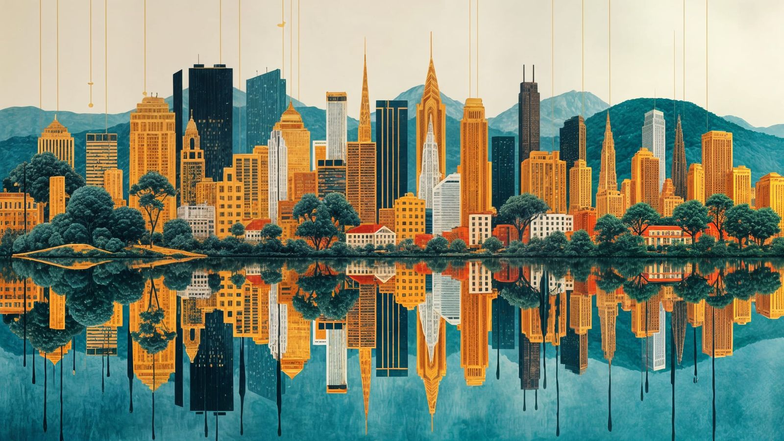 Stylized Art Deco Cityscape with Reflected Skyline
