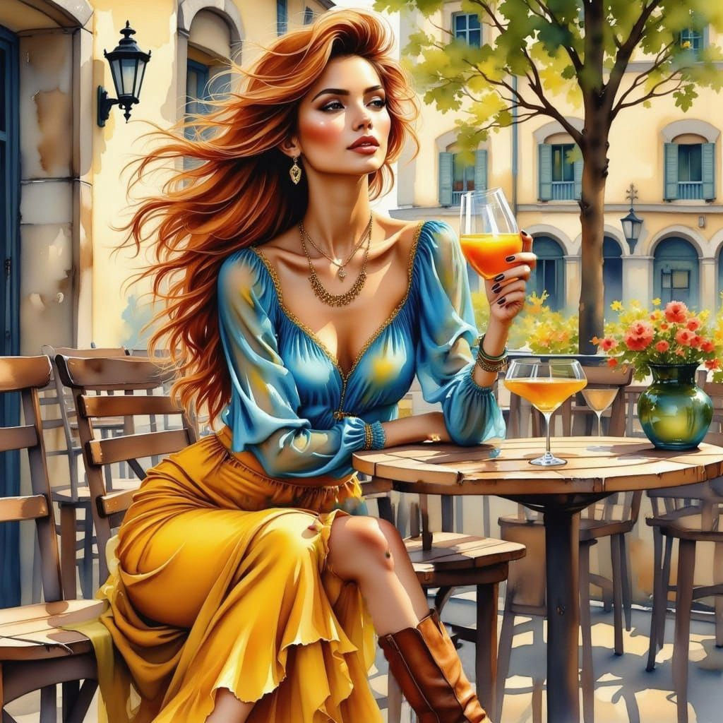 Elegant Woman Enjoys Drink on Terrace in Jerry Pinkney Style