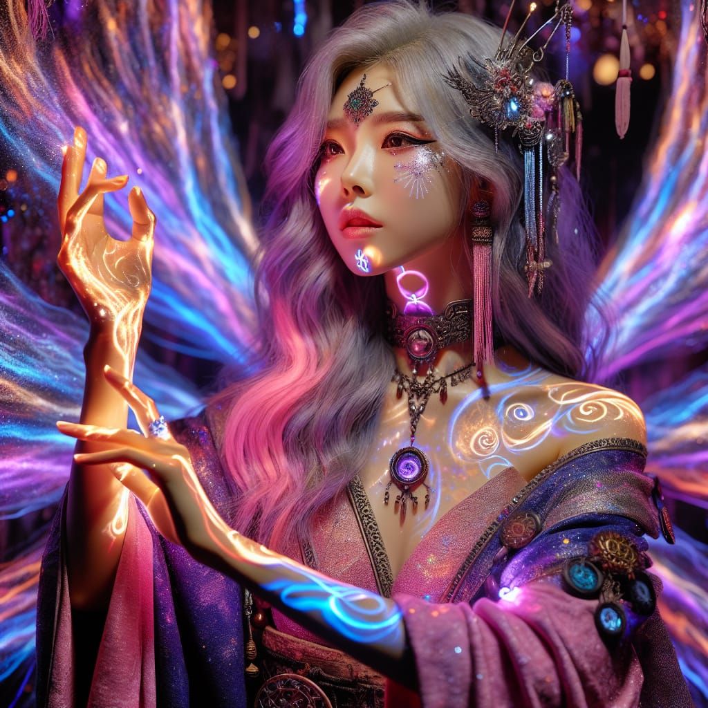 Ancient Magician with Magical Lights and Shadows