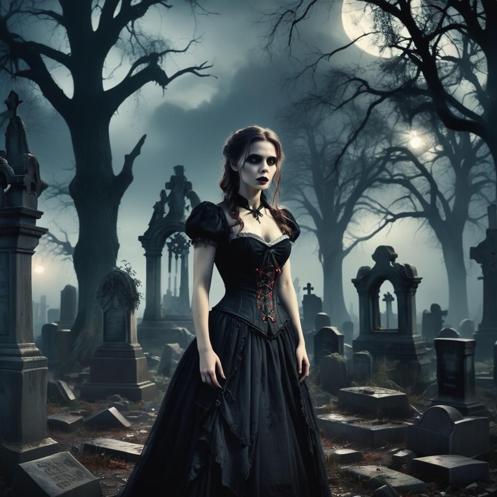 Victorian Vampire in Haunted Cemetery Digital Painting