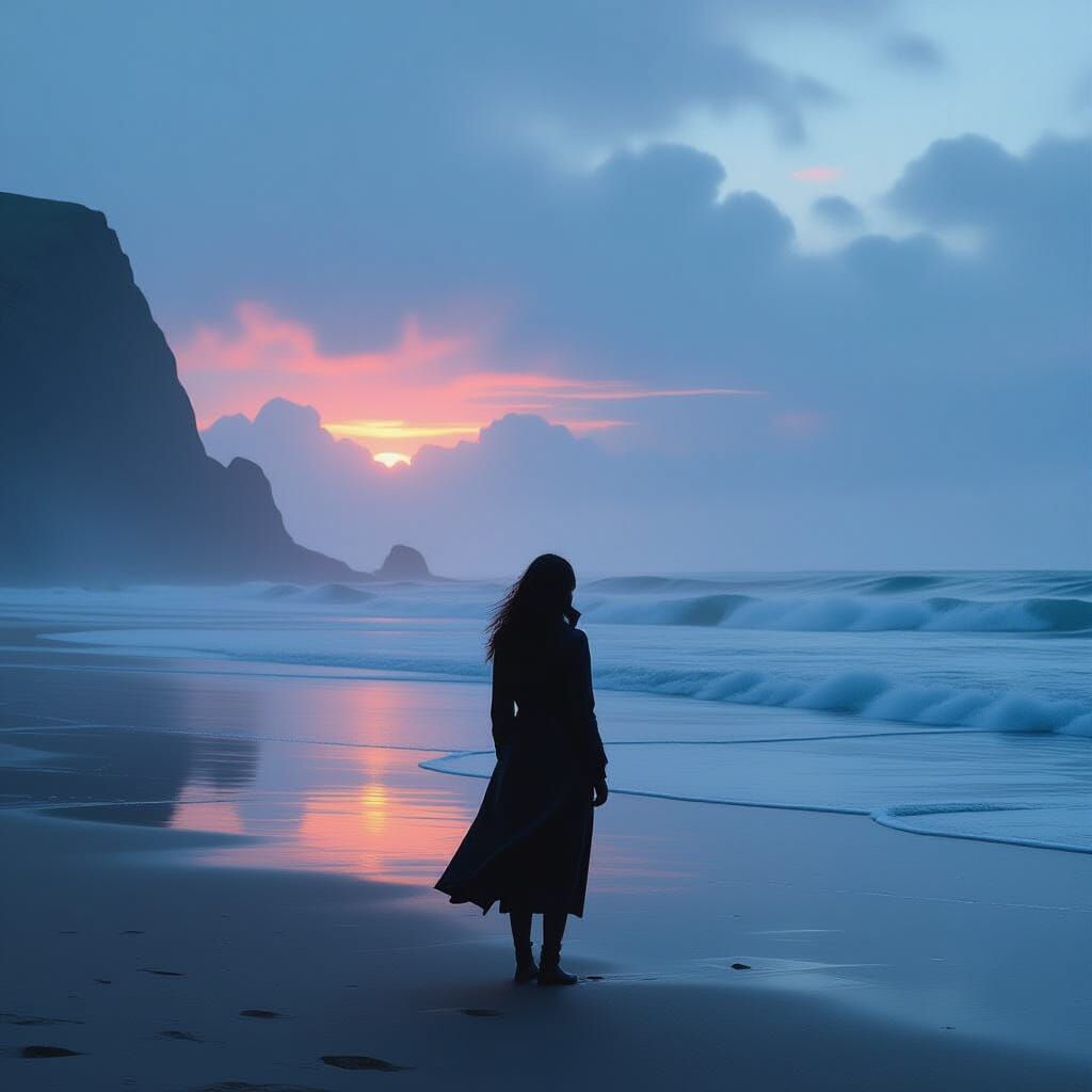 Woman on Misty Beach with Cyberpunk Dreamscape