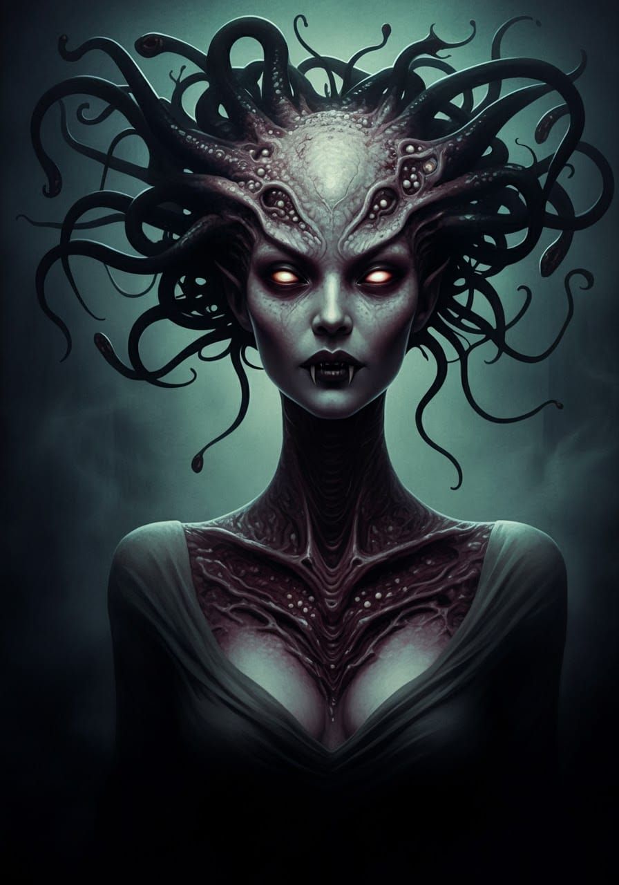 Nightmarish Vampire Maiden in Biomechanical Horror Style