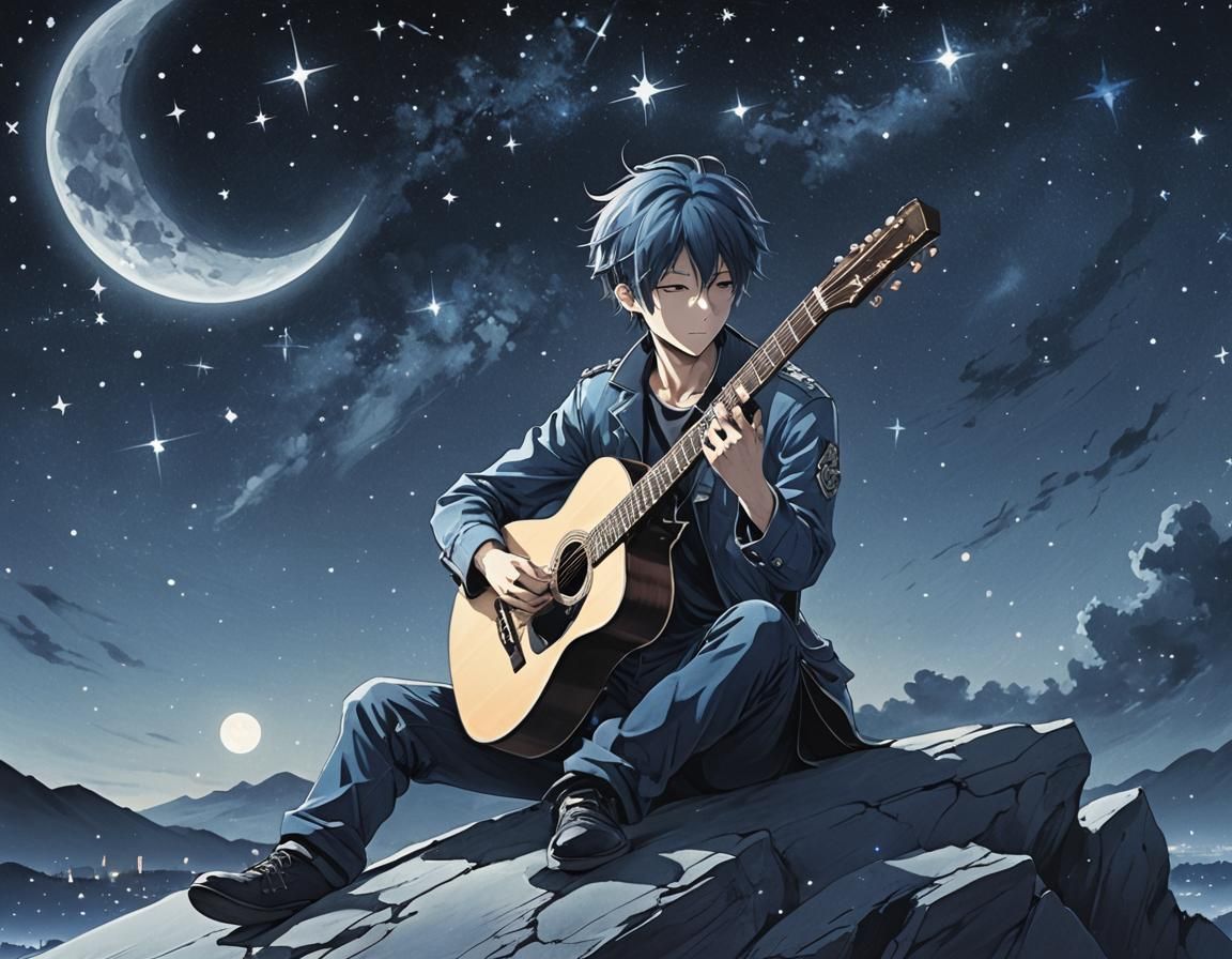 Anime Guitarist Silhouetted Under Blue Moon