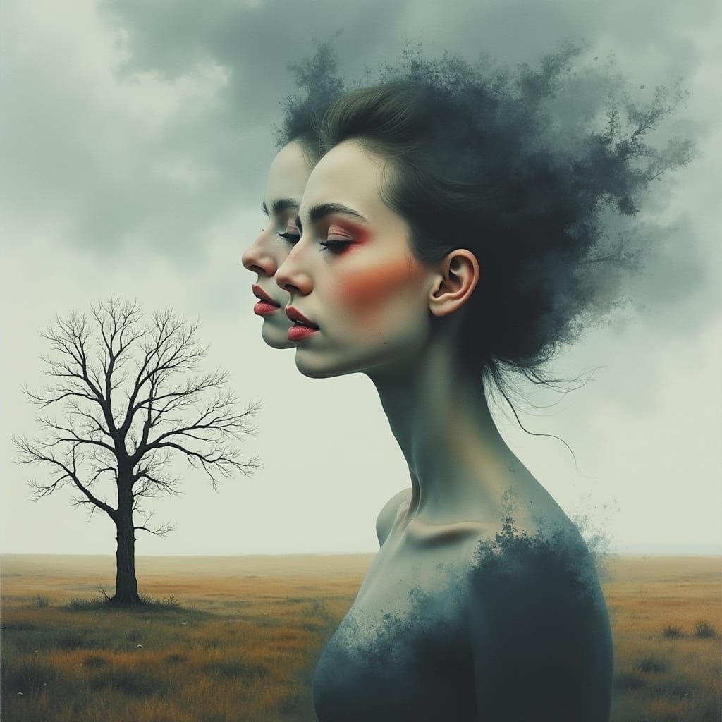 Emotional Watercolor Woman in Surreal Landscape
