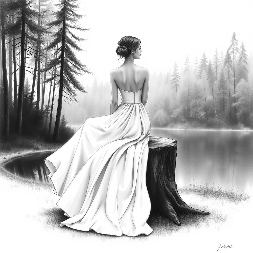 Monochromatic Forest Scene with Elegant Woman
