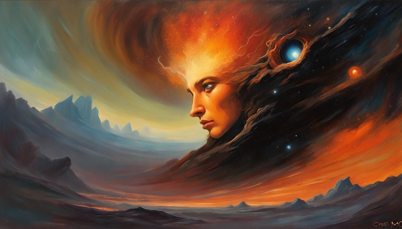 Cosmic Being Portrait in Surreal Oil Painting Style