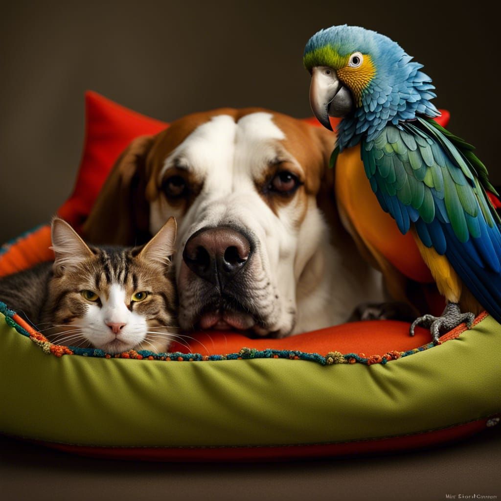 Dog, Cat, and Parrot Portrait in Studio Lighting