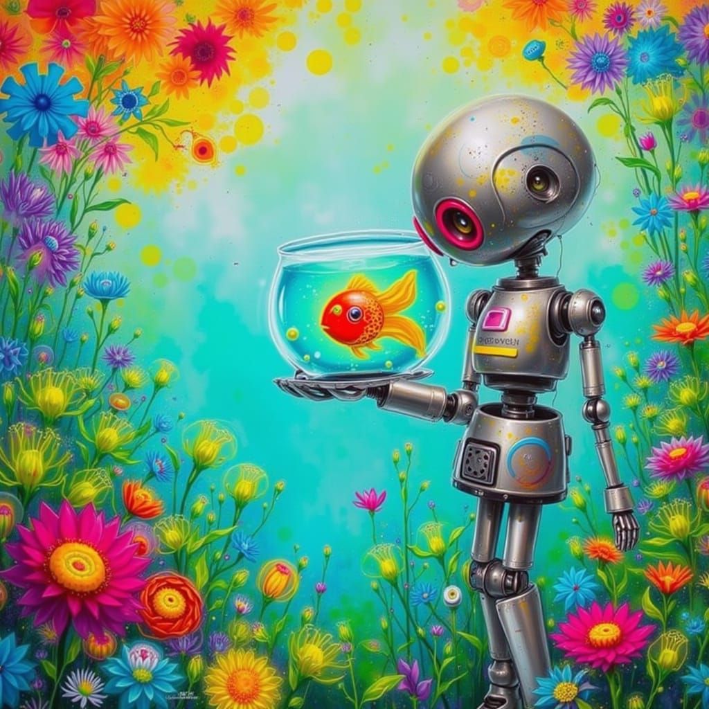 Cute Robot Holding a Fishbowl