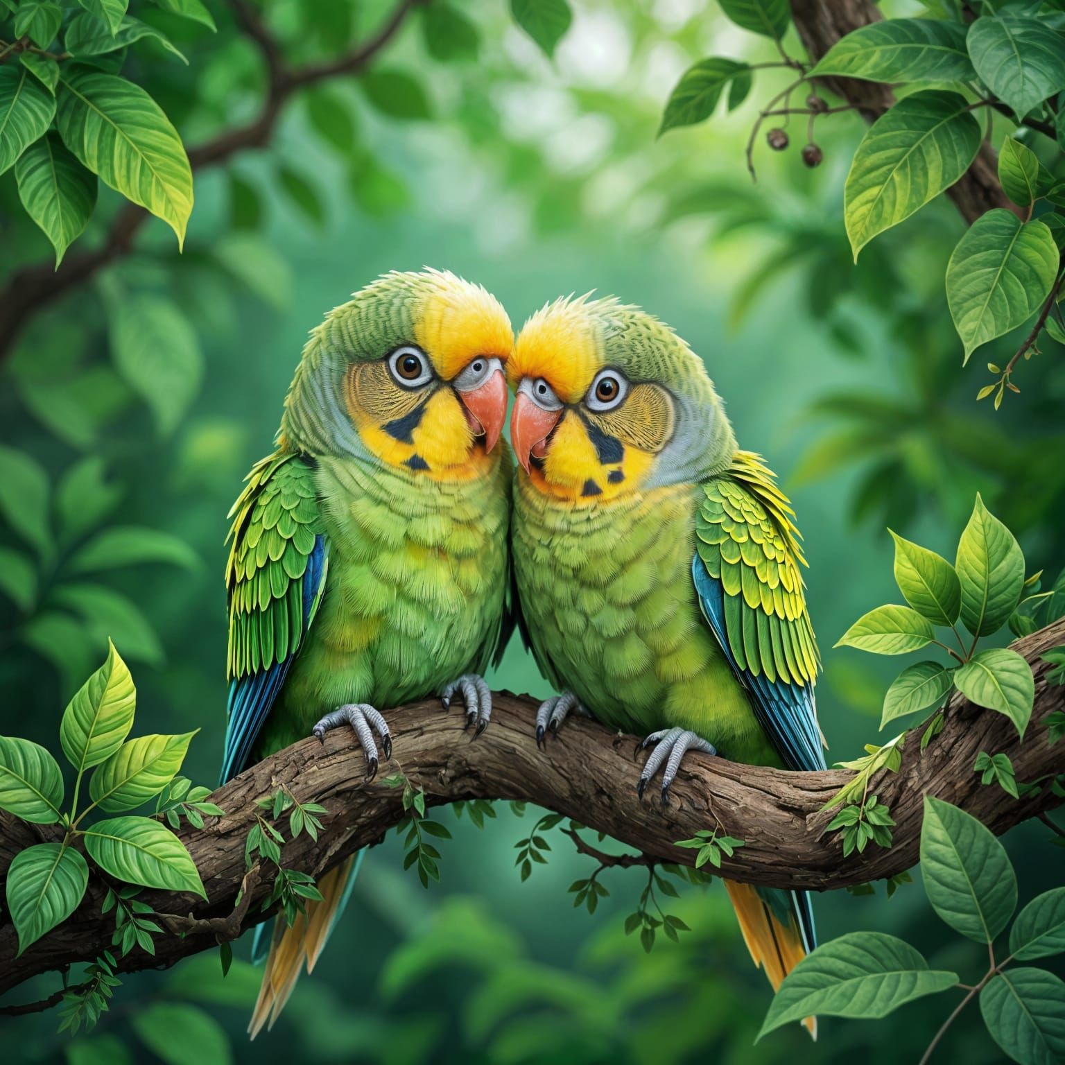Parakeets Snuggling in Jungle with Abstract Fractal Art