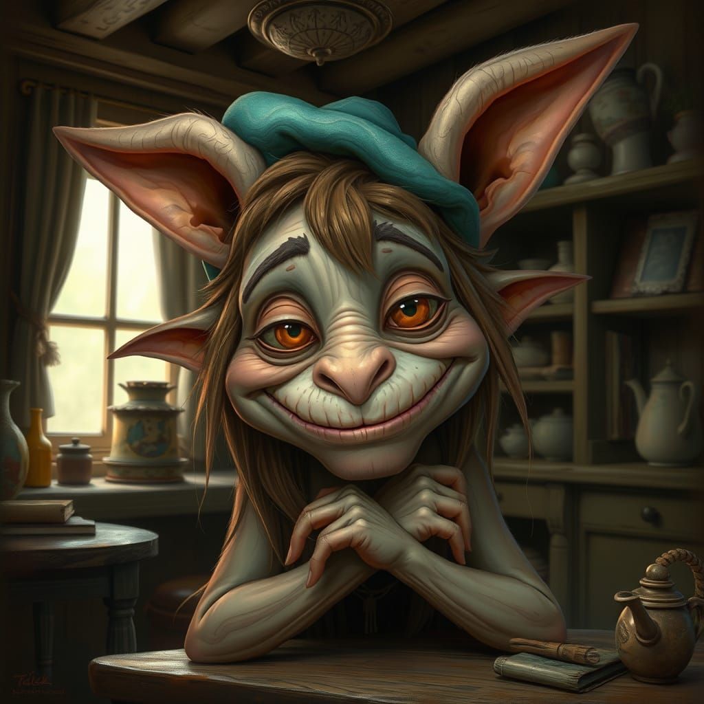 A whimsical creature, possibly a goblin or elf, with large p...