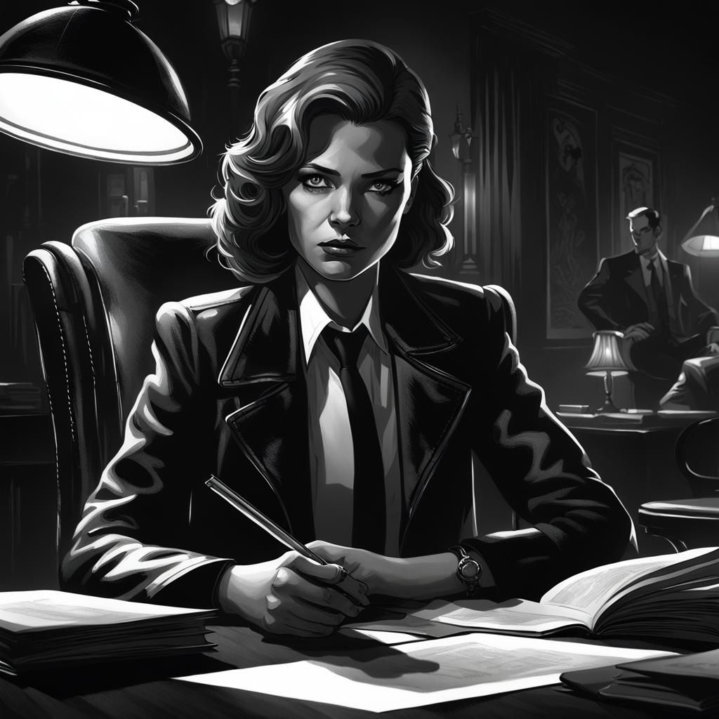 A sinister and relentless young female detective, her steely gaze piercing through the shadows, sits in a leather chair,...