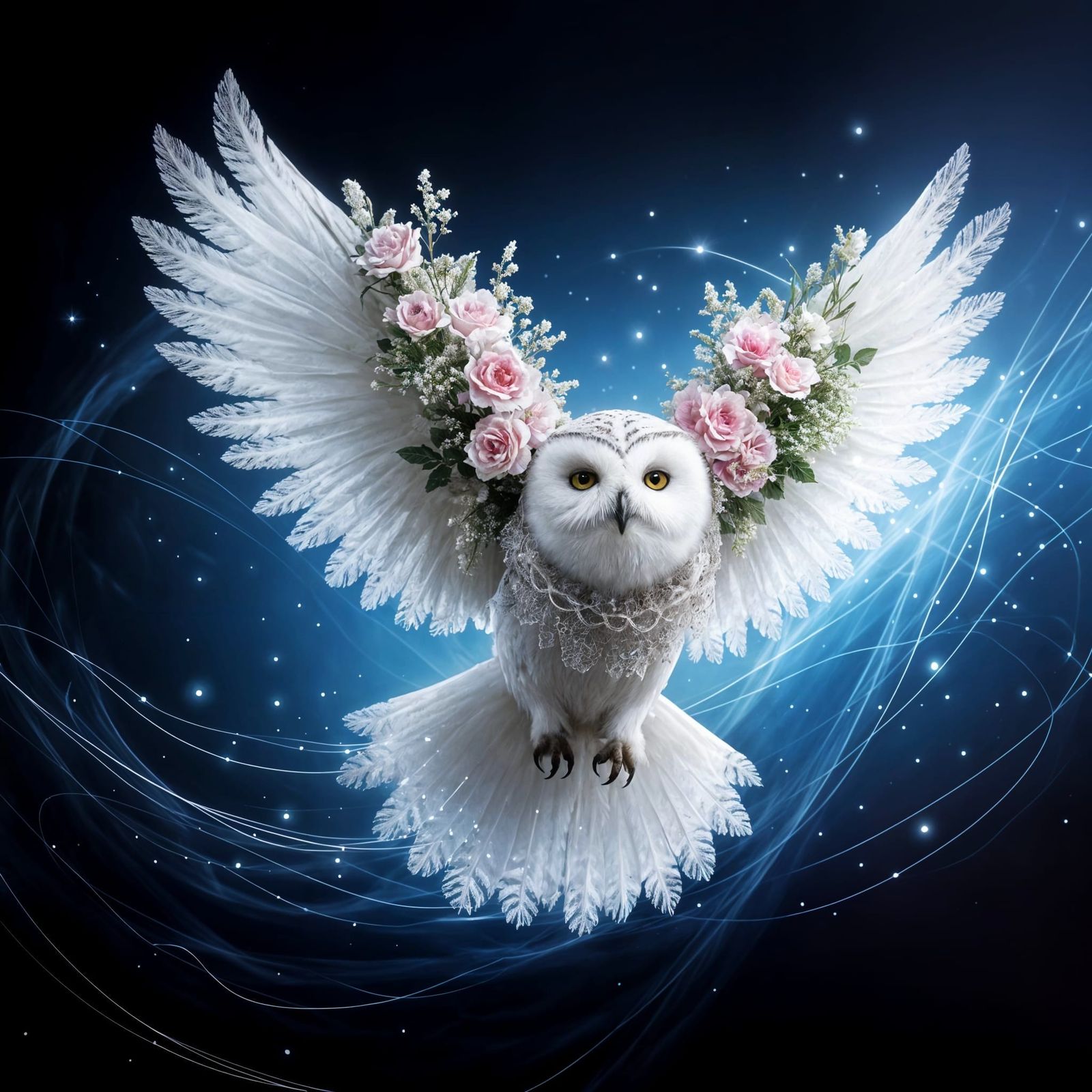 Ethereal White Owl in Starry Night Blooms