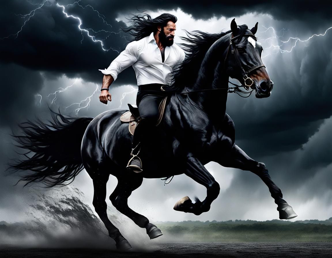God of Thunder Rides Black Horse in Storm