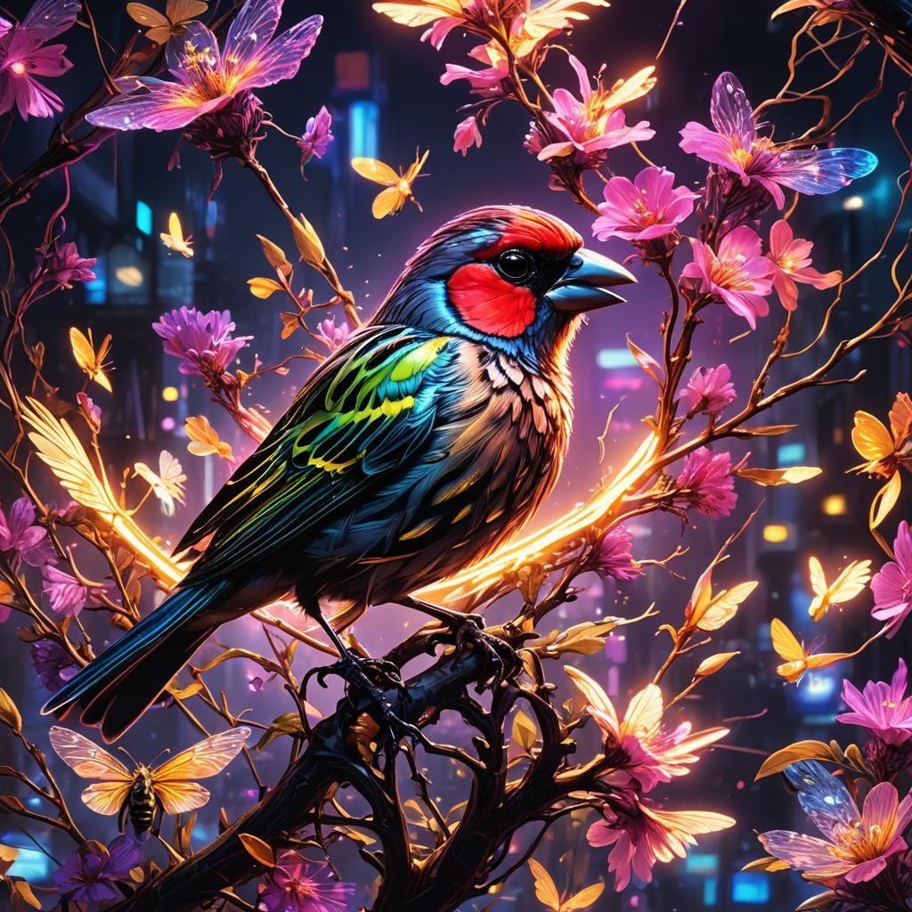 Luminous Finch in Neon Spotlight, Detailed Matte Painting