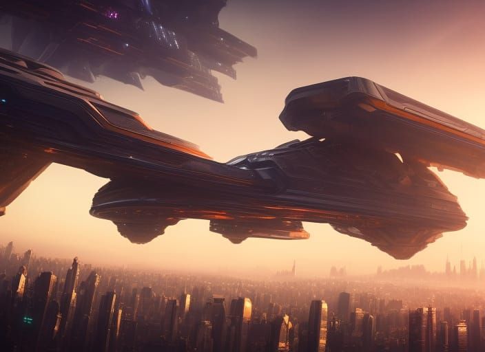 Futuristic Starship Over Cityscape in Sci-Fi Concept Art