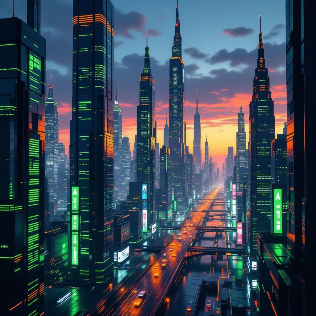 Futuristic Cityscape at Dusk in Neon Lights
