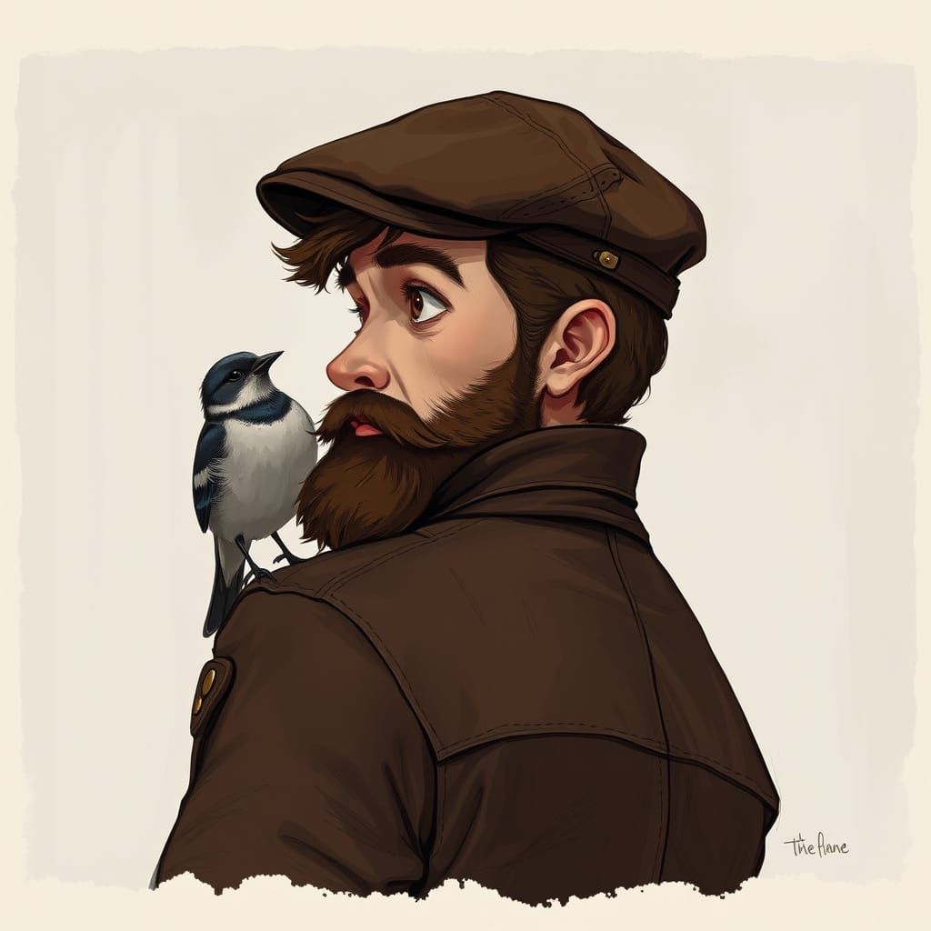 Man in Leather Jacket with Sparrow on Shoulder