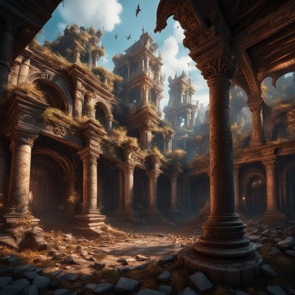 Ancient Scroll Amidst Ruined Buildings