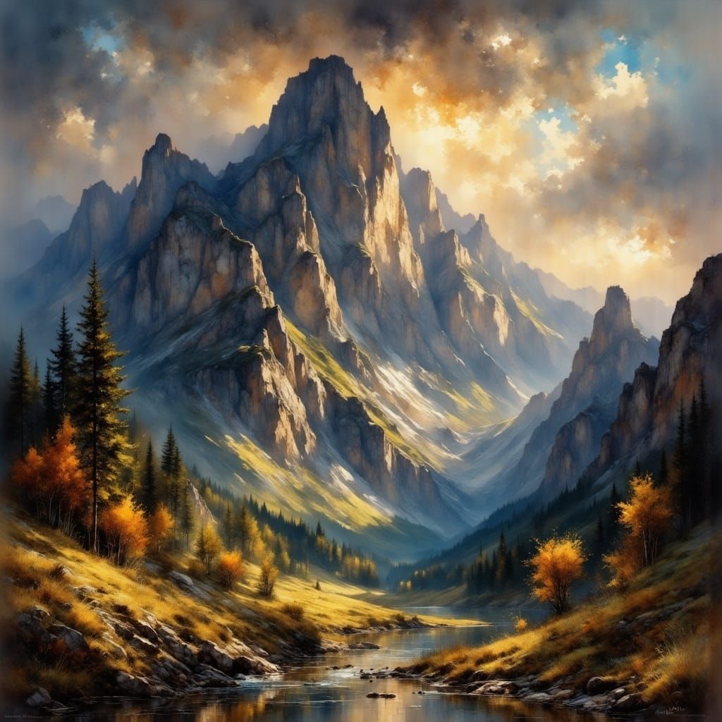 Majestic Mountain Rises From Dark Landscape in Old Masters S...