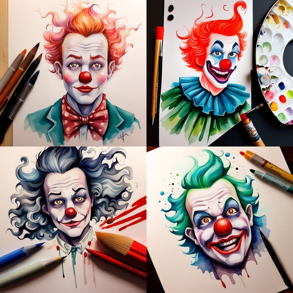 Intricate Watercolor Clown Inspired by Hirsch, Pott, Ward