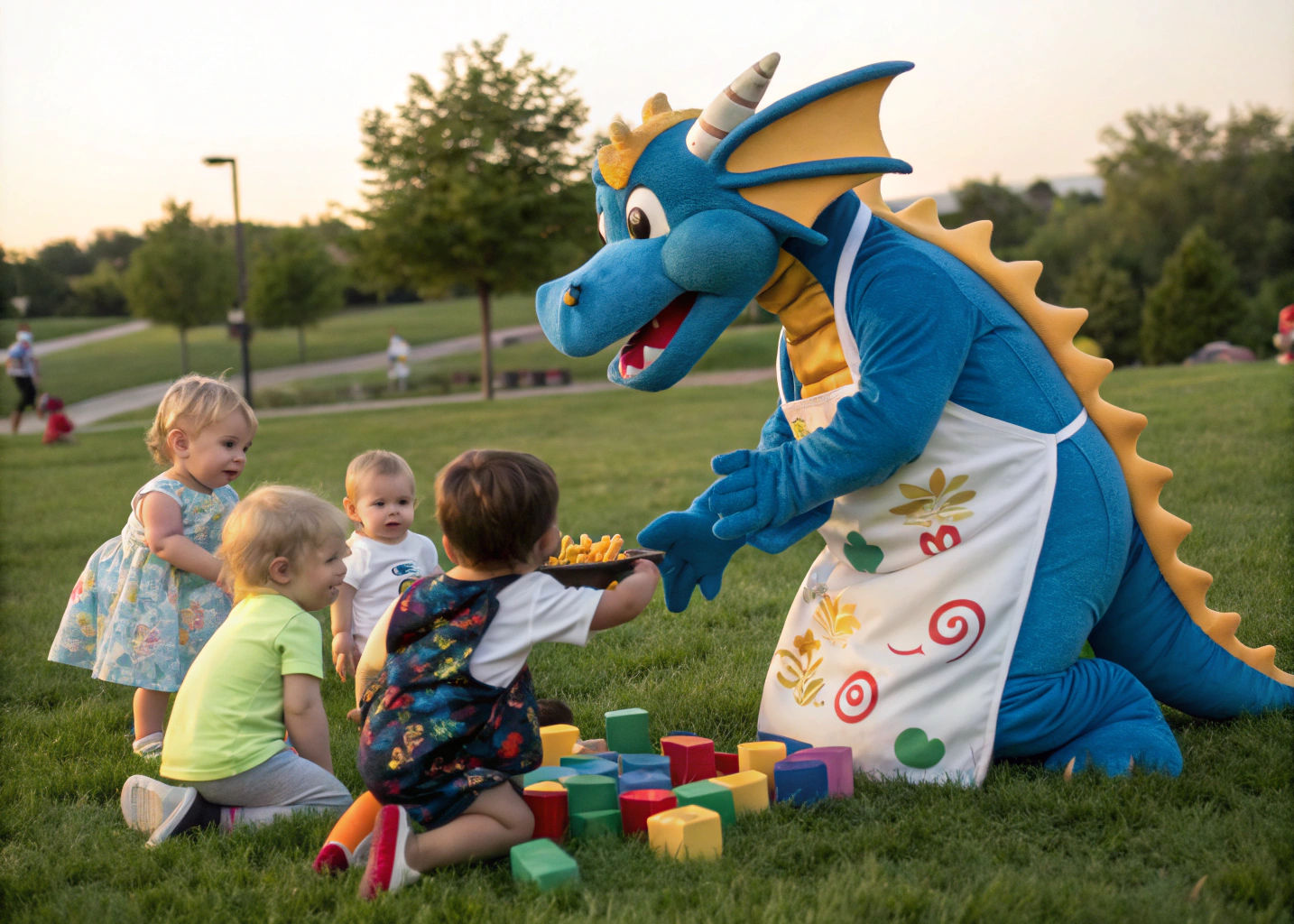 Dragon Babysitter in Lush Meadow, Whimsical Fantasy Art