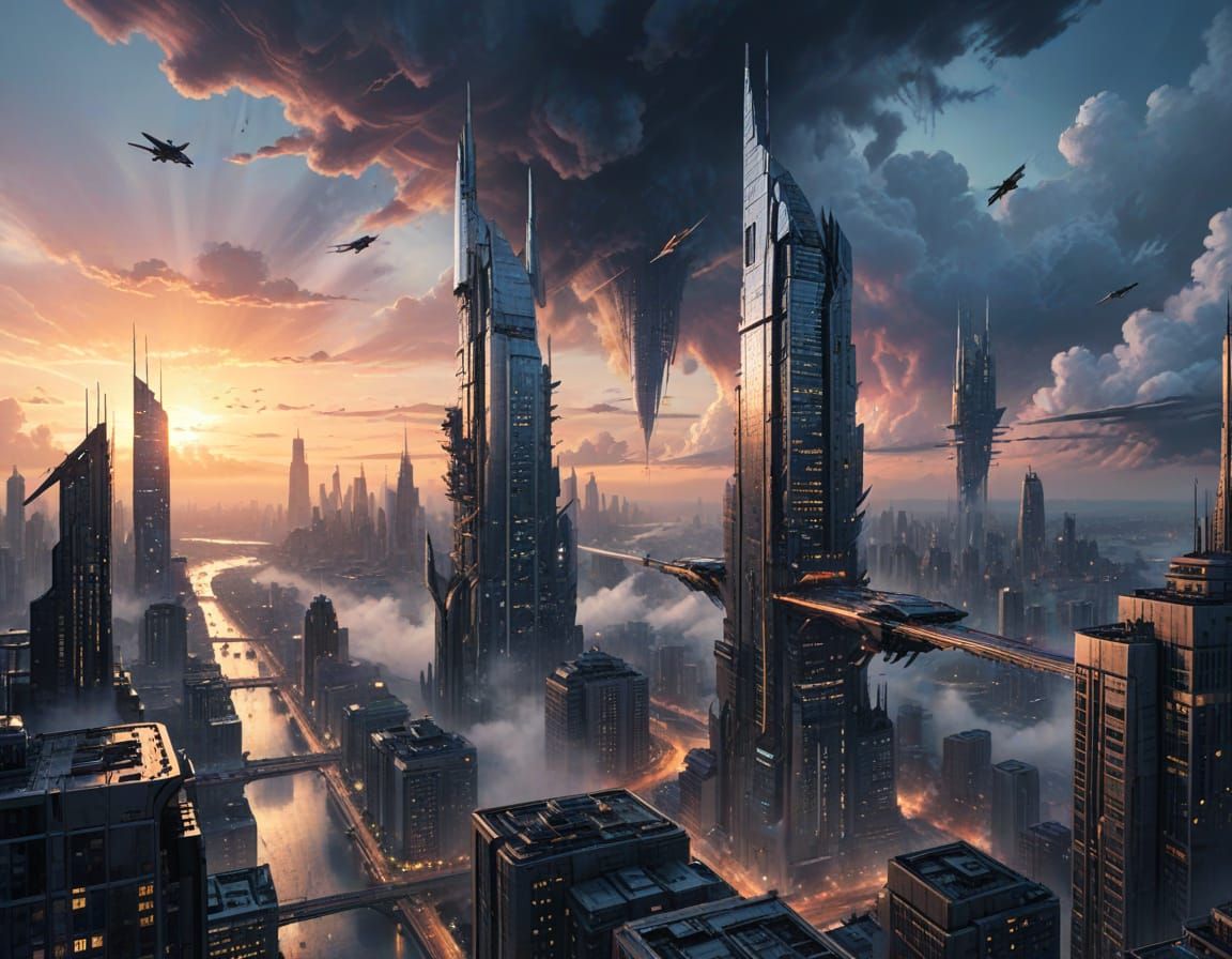 Dawn of a Futuristic Metropolis in Watercolor