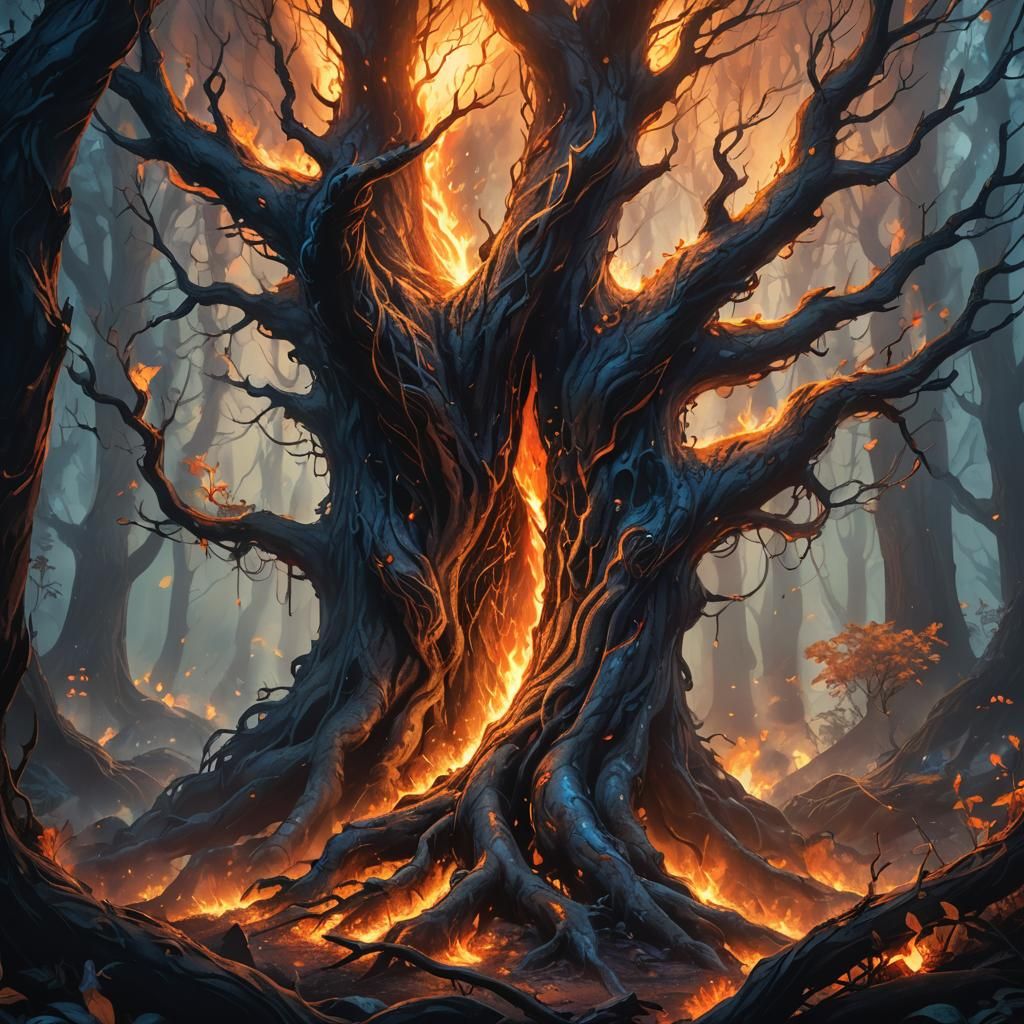 Mystical Tree Engulfed in Flames: Fantasy Concept Art