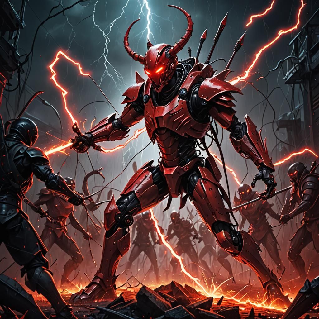 Dystopian Sci-Fi Battle: Robot Archer vs Lightning Swords