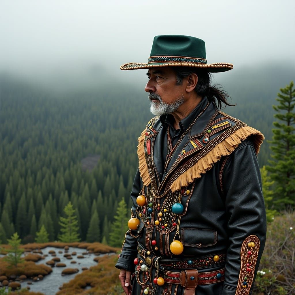 Futuristic Figure Gazing at Misty Forest in Neon Style