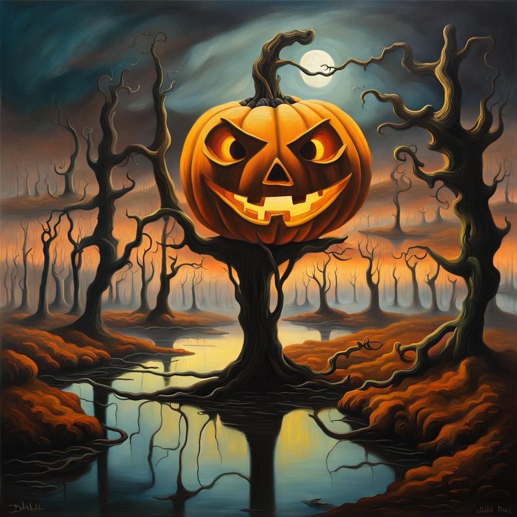 Surreal Jack-o-Lantern Floats Above Bog at Dusk