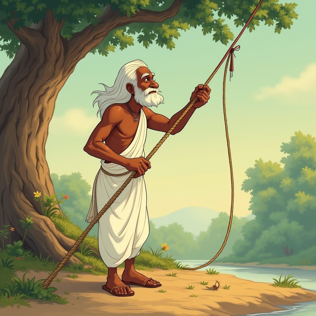 Elderly Man Tying Rope in Disney Style