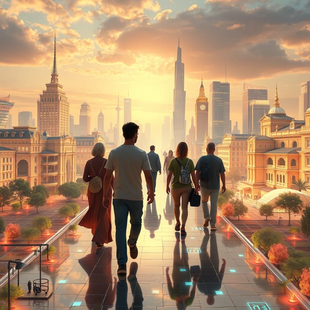 Humans in a Futuristic Holographic Metropolis