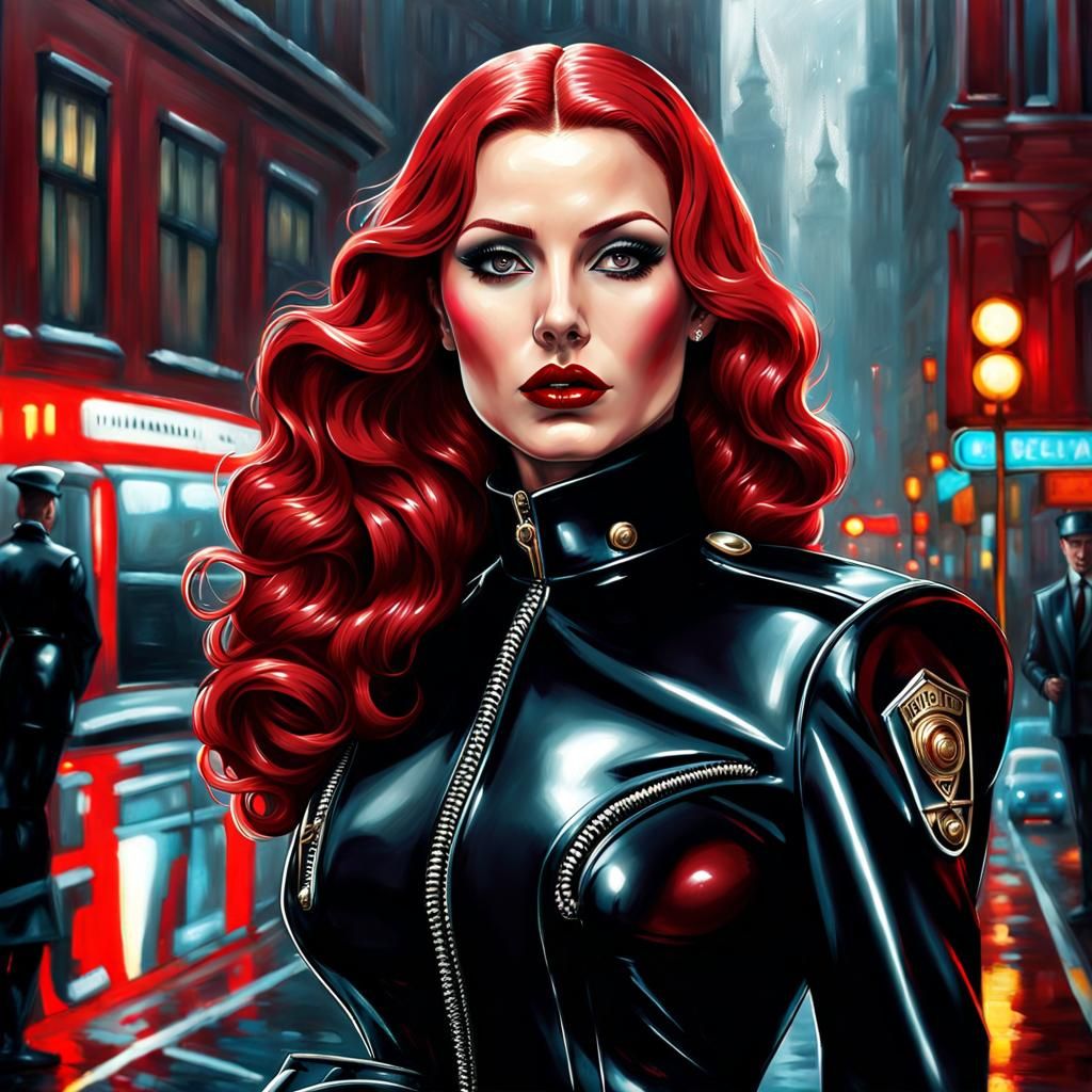 Retrofuturist Red-Haired Policewoman in Neo Noir Style