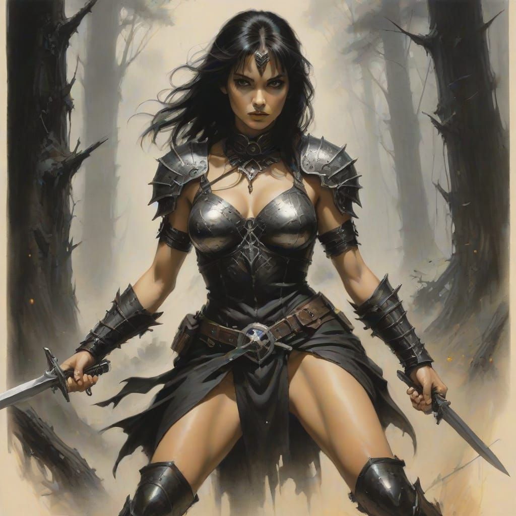 Brunette Warrior Surrounded by Goblins: Grimdark Art